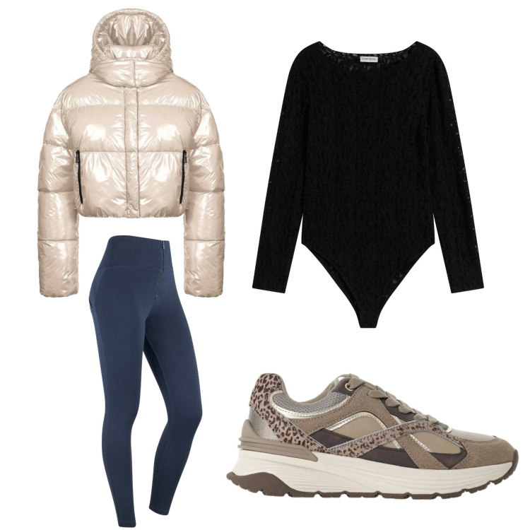Outfit donna - Look casual. Stile Casual Abbinamento con body, sneakers, pantaloni skinny, piumini.