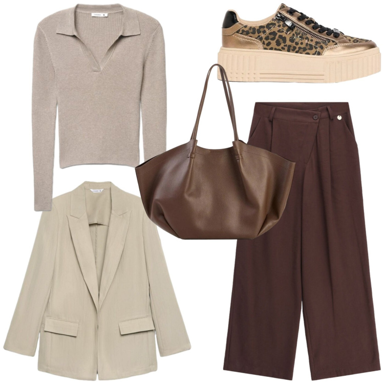 Outfit donna - Sneakers mania. Stile Casual chic per Tutti i giorni. Abbinamento con shopping bag, sneakers, maglieria, blazer, pantaloni a palazzo.
