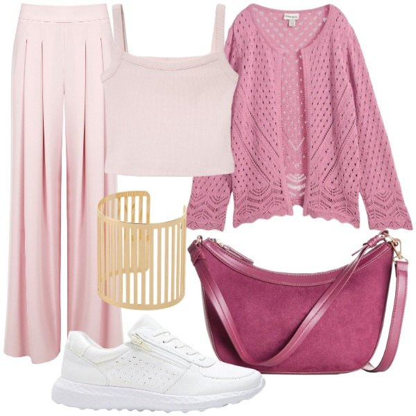 Outfit donna - Sneakers mania. Stile Glamour per Tutti i giorni. Abbinamento con cardigans, sneakers, borse a tracolla, canottiere, braccialetti, pantaloni a palazzo.