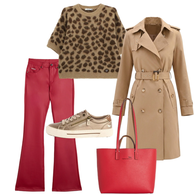 Outfit donna - Rosso e cammello con un tocco animalier. Stile Trendy per Ufficio. Abbinamento con sneakers, shopping bag, trench, maglieria, pantaloni.