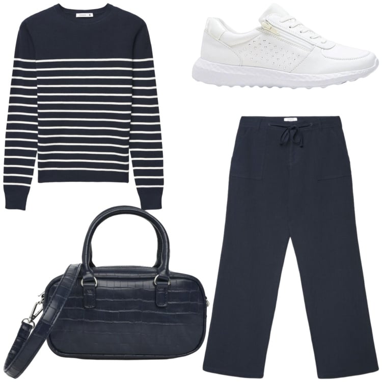 Outfit donna - Sporty chic mariner. Stile Sporty chic per Tutti i giorni. Abbinamento con sneakers, maglieria, borse a tracolla, pantaloni.