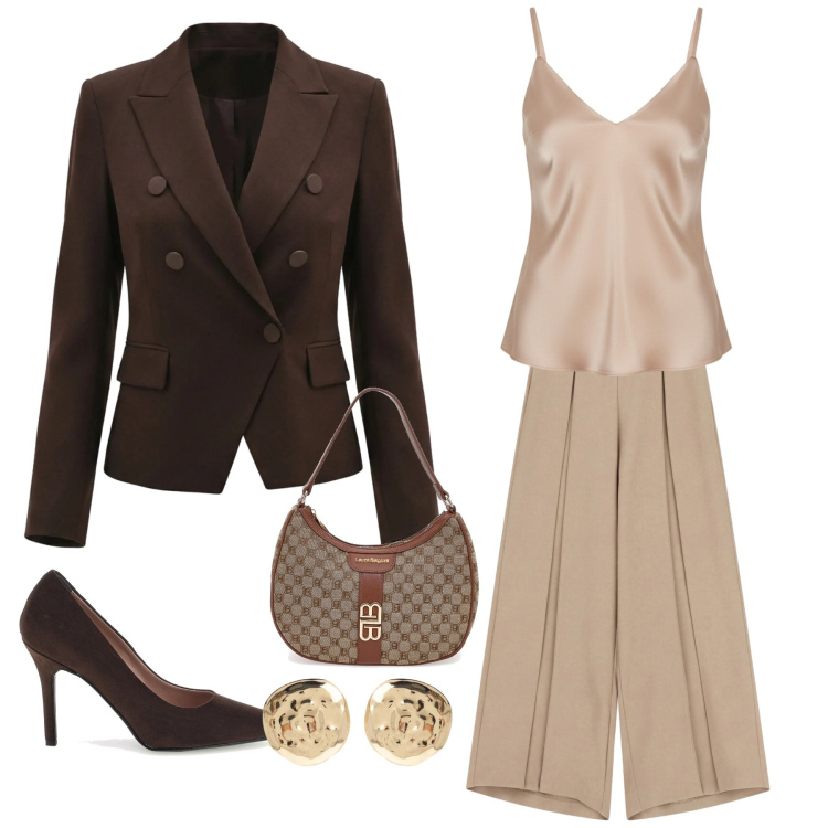 Outfit donna - Femminilità al lavoro. Stile Casual chic per Ufficio. Abbinamento con pantaloni a palazzo, orecchini, top, blazer, borse a spalla, décolleté.