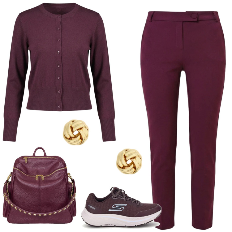 Outfit donna - Ufficio sportivo. Stile Casual chic per Ufficio. Abbinamento con cardigans, pantaloni skinny, zaini, orecchini, sneakers.