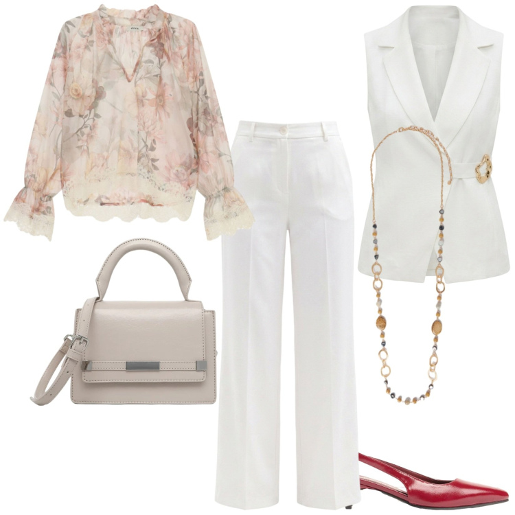 Outfit donna - Total look #2476939. Stile Chic per Cerimonia. Abbinamento con décolleté, borse a tracolla, bluse, gilet, pantaloni, collane.