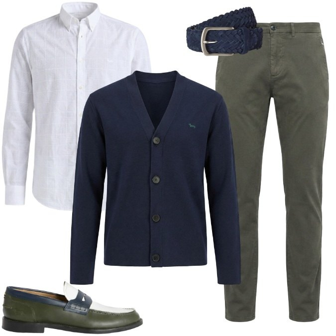 Outfit uomo - Dalla riunione all'aperitivo. Stile Business/Elegante per Ufficio. Abbinamento con pantaloni, cinture, cardigans, scarpe stringate, camicie.