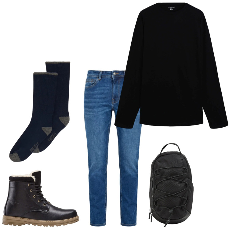 Outfit uomo - Total look #2476943. Stile Casual per Tutti i giorni. Abbinamento con jeans, calzini, t-shirt, borse sportive, stivali e stivaletti.