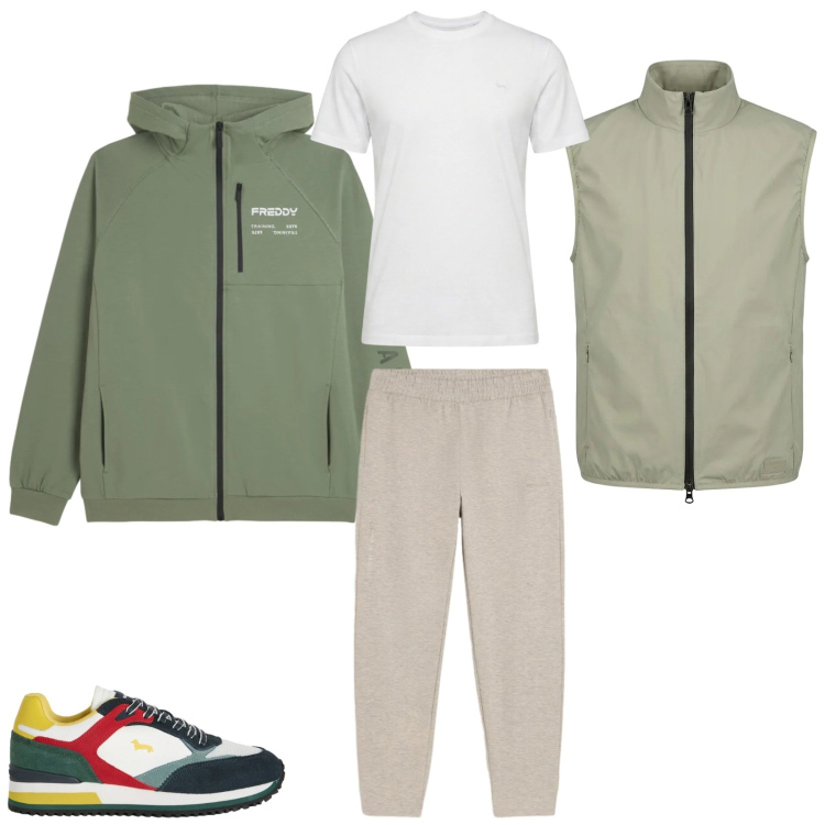 Outfit uomo - Total look #2476945. Stile Trendy per Sport. Abbinamento con sneakers, t-shirt, pantaloni, felpe con cappuccio, piumini.