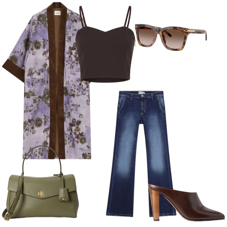 Outfit donna - Così come mi pare. Stile Casual chic per Ufficio. Abbinamento con jeans, kimono, top, sabot, occhiali da sole, borse a mano.