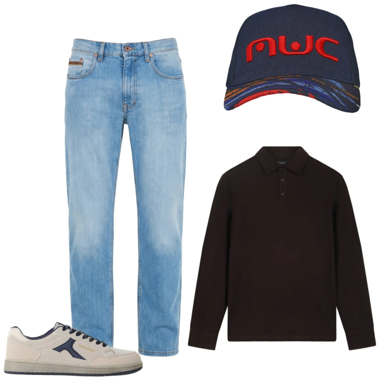 Outfit uomo - Total look #2476952. Stile Casual per Tutti i giorni. Abbinamento con jeans, sneakers, polo, cappelli con visiera.