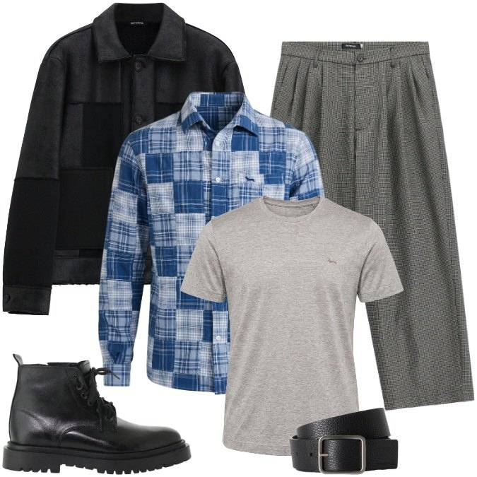 Outfit uomo - Total look #2476954. Stile Trendy per Tutti i giorni. Abbinamento con cinture, t-shirt, camicie, pantaloni, anfibi, cappotti.