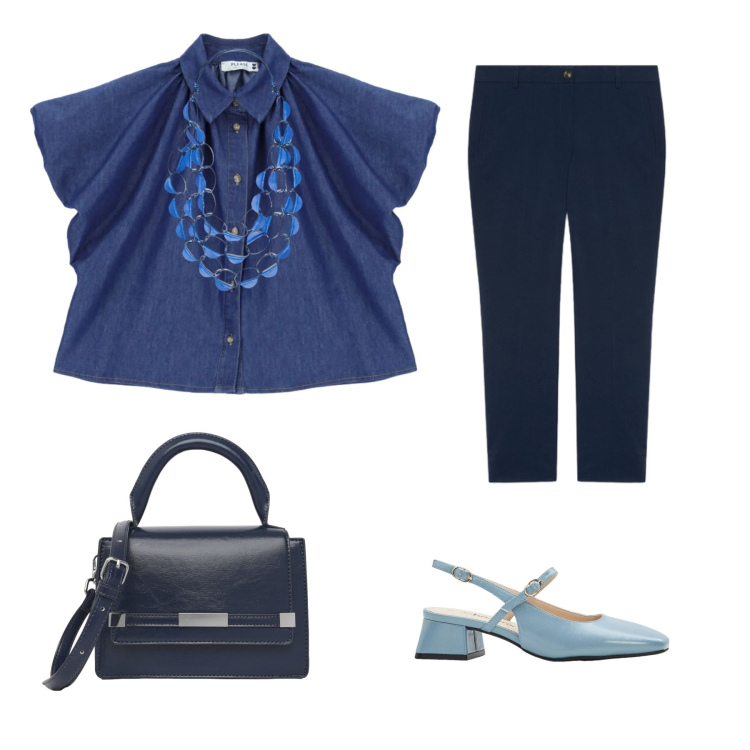 Outfit donna - Ispirazione cielo. Stile Casual chic per Tutti i giorni. Abbinamento con décolleté, borse a tracolla, camicie a manica corta, collane, pantaloni.