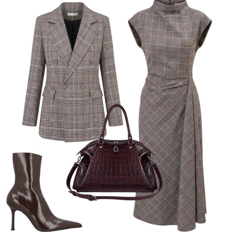 Outfit donna - Eleganza tartan. Stile Chic per Cerimonia. Abbinamento con stivaletti, vestiti asimmetrici, blazer, shopping bag.