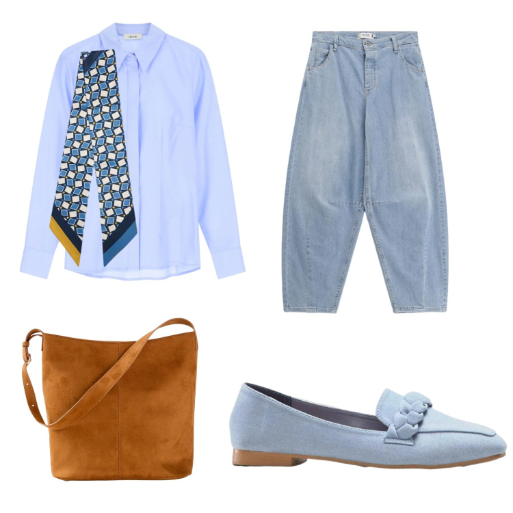 Outfit donna - Mannish. Stile Casual chic per Tutti i giorni. Abbinamento con foulard, jeans, camicie, mocassini, borse a mano.