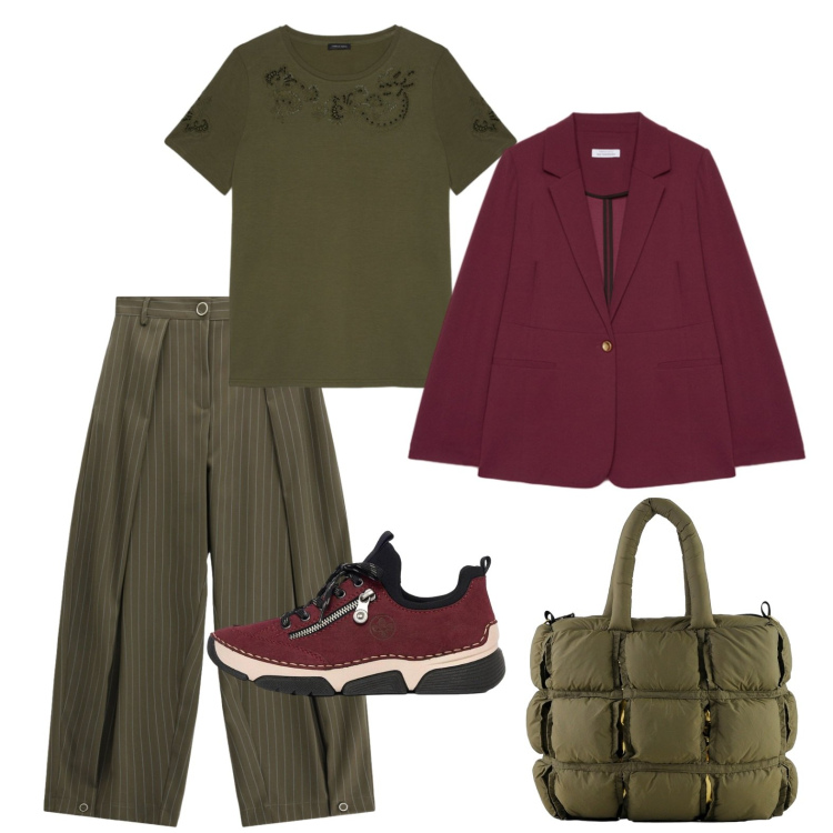 Outfit donna - Sportiva con il blazer. Stile Basic per Tutti i giorni. Abbinamento con sneakers, pantaloni a palazzo, t-shirt, blazer, borse a mano.