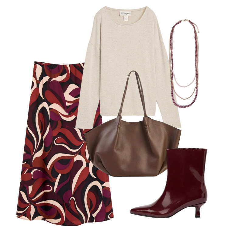 Outfit donna - Settembre. Stile Bon Ton per Tutti i giorni. Abbinamento con gonne longuette, maglieria, shopping bag, stivaletti, collane.