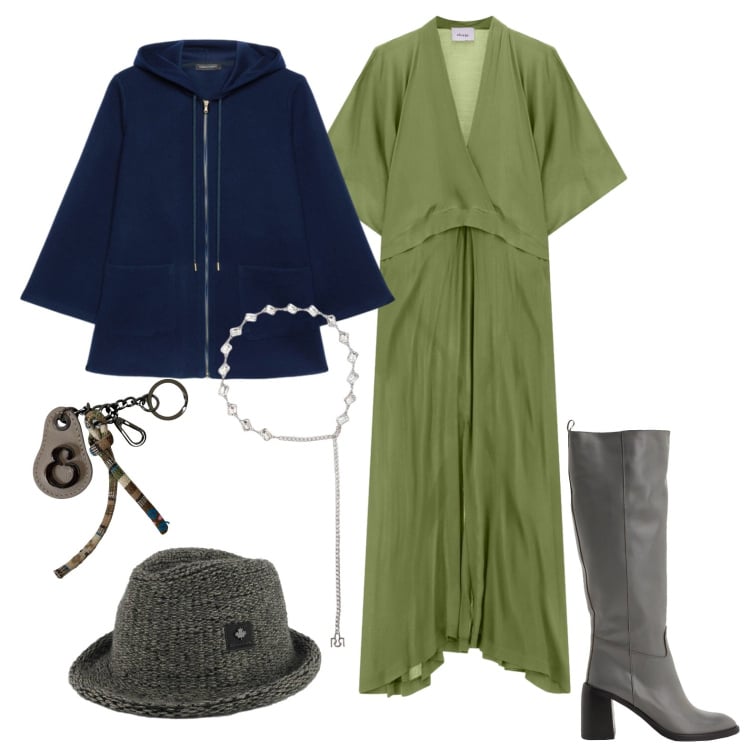 Outfit donna - Toni freddi per la città. Stile Trendy per Tutti i giorni. Abbinamento con stivali, vestiti lunghi, cinture, cappelli, blazer, portachiavi.