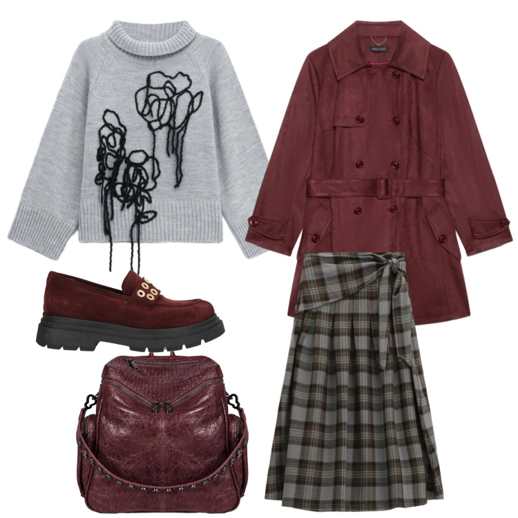 Outfit donna - Grigio e bordeaux. Stile Bon Ton per Scuola/Università. Abbinamento con mocassini, pullovers, gonne longuette, trench, zaini.