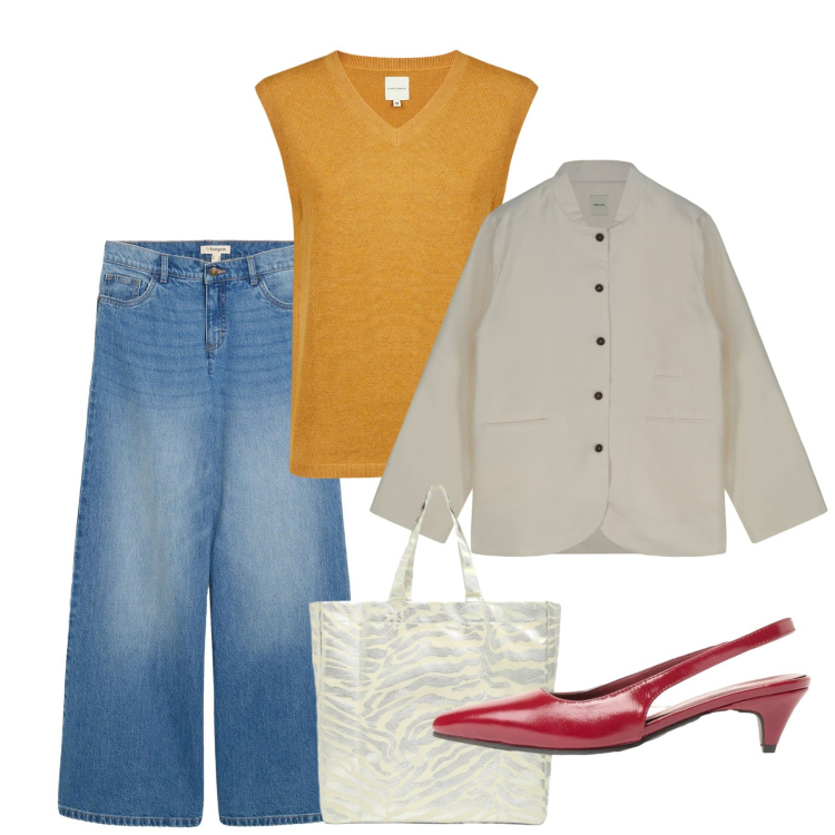 Outfit donna - Settembre. Stile Bon Ton per Tutti i giorni. Abbinamento con décolleté, jeans, maglieria, giacche, shopping bag.