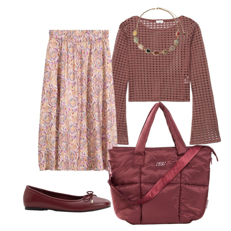 Outfit donna - Daily Romantic look. Stile Romantica per Tutti i giorni. Abbinamento con gonne longuette, ballerine, shopping bag, maglieria, collane.