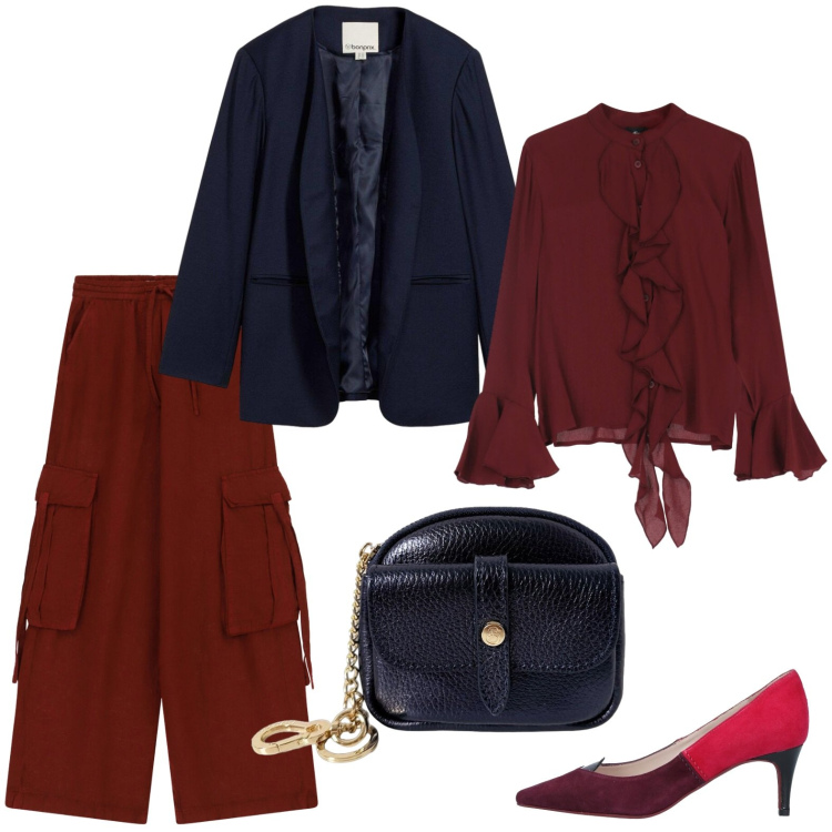 Outfit donna - Pantaloni cargo e rouches. Stile Chic per Serata fuori. Abbinamento con décolleté, blazer, pantaloni cargo, camicie, portachiavi.