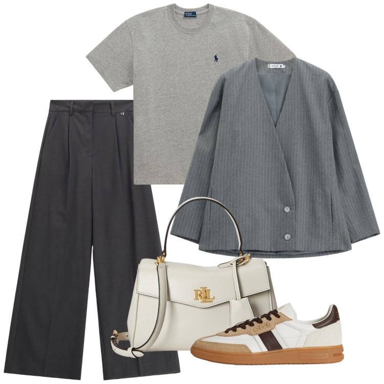 Outfit donna - Iconic business woman. Stile Basic per Ufficio. Abbinamento con pantaloni a palazzo, blazer, sneakers, t-shirt, borse a mano.