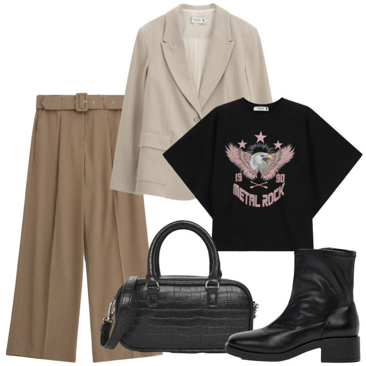 Outfit donna - Settembre. Stile Bon Ton per Tutti i giorni. Abbinamento con stivaletti, borse a tracolla, t-shirt, blazer, pantaloni a palazzo.