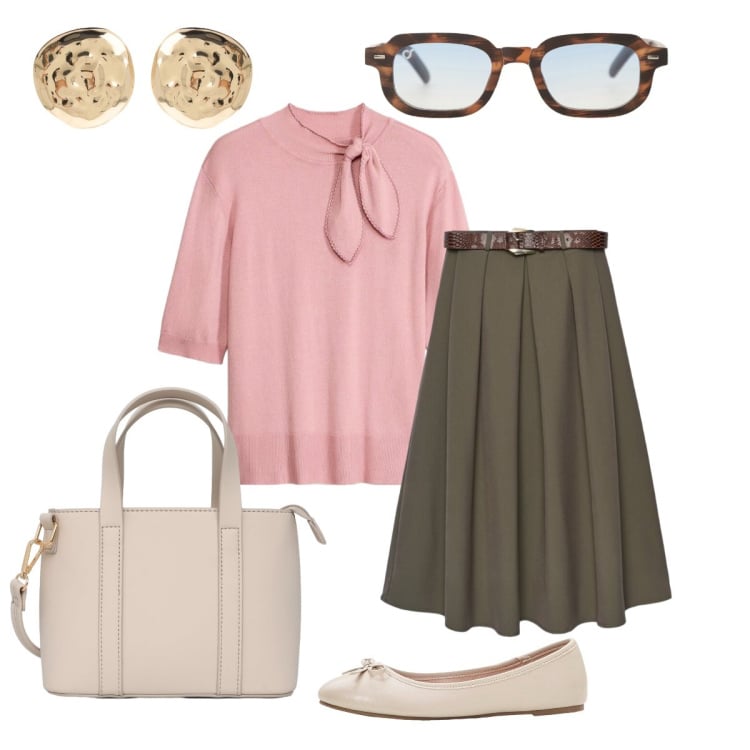 Outfit donna - In città. Stile Bon Ton per Tutti i giorni. Abbinamento con ballerine, maglieria, borse a tracolla, gonne lunghe, occhiali da sole, orecchini.