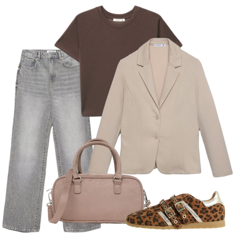 Outfit donna - Settembre beutri. Stile Casual per Tutti i giorni. Abbinamento con jeans dritti, blazer, t-shirt, borse a tracolla, sneakers.
