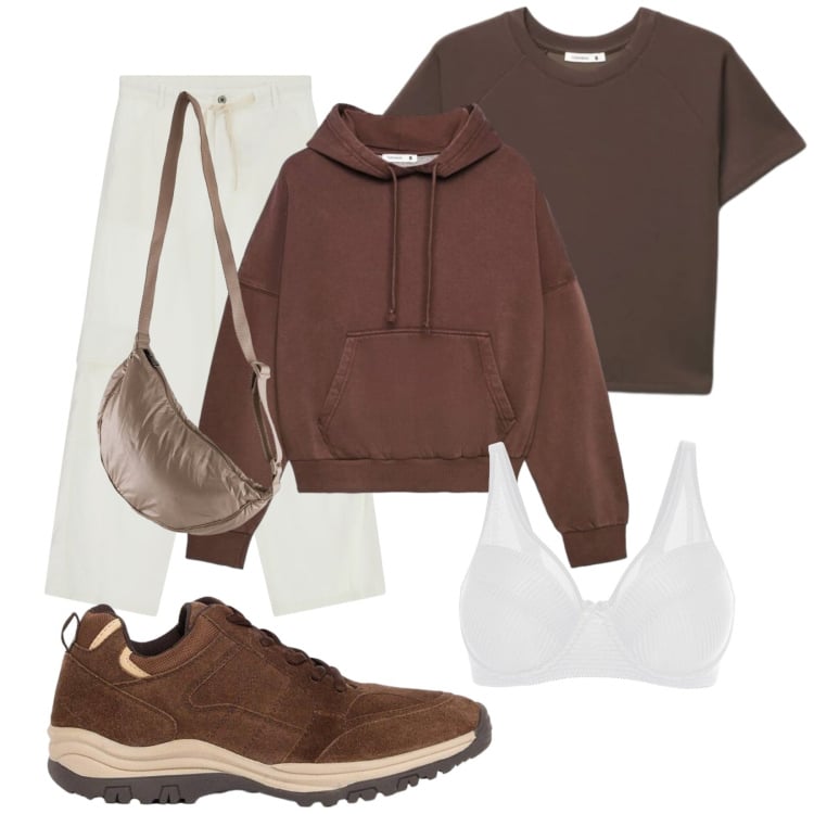 Outfit donna - Al parco. Stile Casual per Tutti i giorni. Abbinamento con reggiseni, scarpe sportive, t-shirt, felpe con cappuccio, pantaloni cargo, borse sportive.