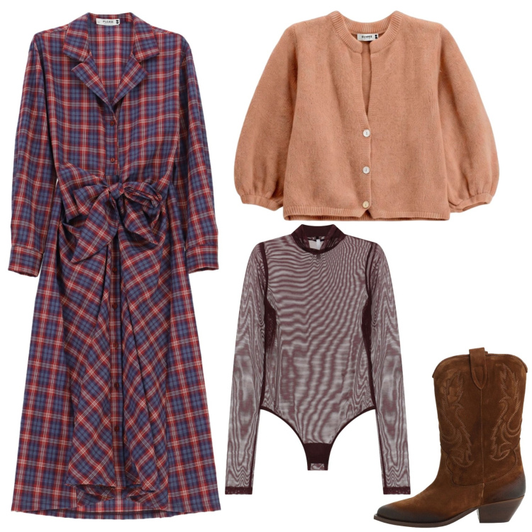 Outfit donna - Intimo a vista. Stile Etnico per Ufficio. Abbinamento con body, vestiti chemisier, cardigans, stivaletti texani.