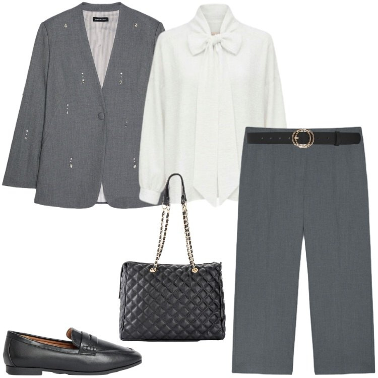 Outfit donna - Blazer strutturato con dettaglio chic. Stile Casual chic per Ufficio. Abbinamento con borse a mano, mocassini, cinture, camicie, blazer, pantaloni.