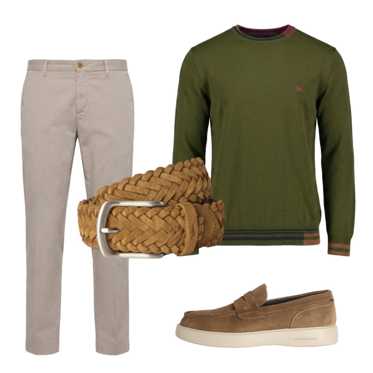 Outfit uomo - Relax. Stile Casual per Tutti i giorni. Abbinamento con cinture, scarpe stringate, maglieria, pantaloni chino.