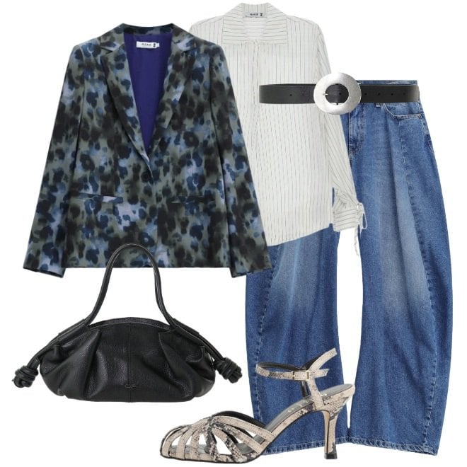 Outfit donna - Jeans per la sera. Stile Glamour per Serata fuori. Abbinamento con borse a mano, cinture, sandali in pelle, jeans, blazer, camicie.