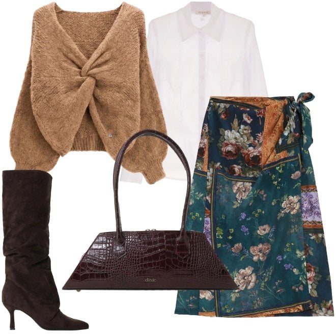 Outfit donna - Gonna pareo. Stile Glamour per Tutti i giorni. Abbinamento con stivali, gonne longuette, maglieria, camicie, borse a spalla.