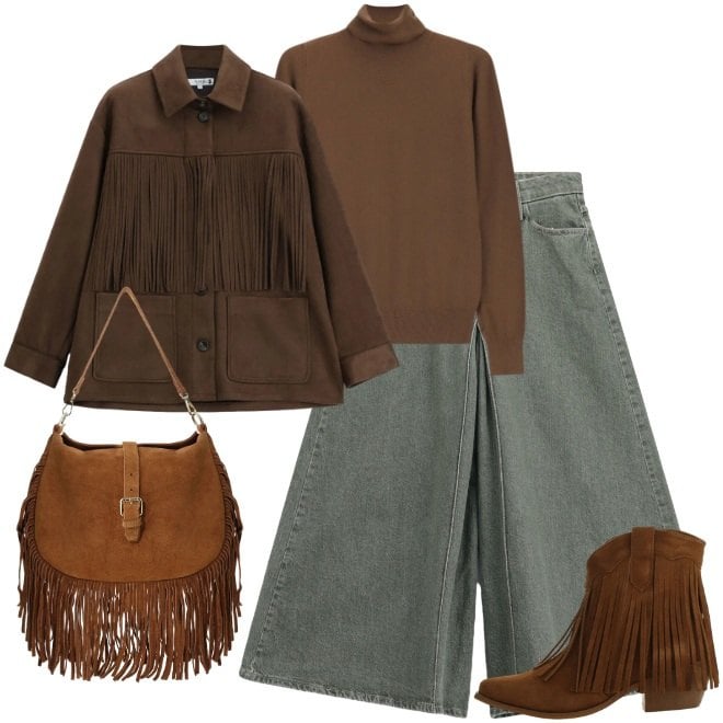 Outfit donna - Country. Stile Boho per Tutti i giorni. Abbinamento con stivaletti texani, borse a spalla, pantaloni, pullovers, cappotti.
