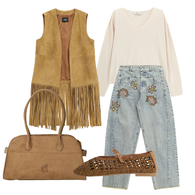 Outfit donna - Settembre. Stile Boho per Tutti i giorni. Abbinamento con borse a spalla, jeans, maglieria, ballerine, gilet.