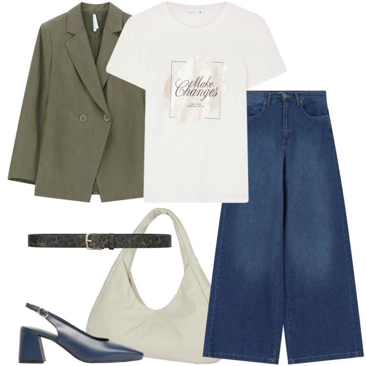 Outfit donna - Una giacca in città. Stile Urban per Tutti i giorni. Abbinamento con décolleté, t-shirt, cinture, blazer, jeans, borse a spalla.