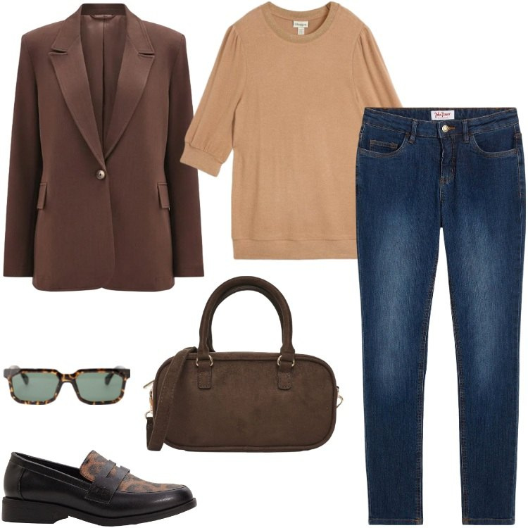 Outfit donna - Abbinamento versatile con blazer e jeans. Stile Casual per Ufficio. Abbinamento con jeans skinny, mocassini, maglieria, borse a tracolla, occhiali da sole, blazer.