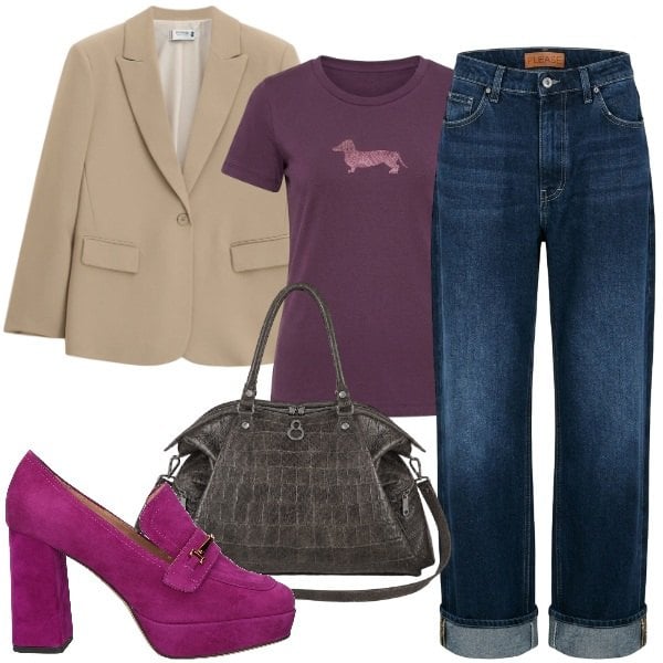 Outfit donna - Total look #2477041. Stile Urban per Ufficio. Abbinamento con mocassini, t-shirt, blazer, jeans dritti, shopping bag.
