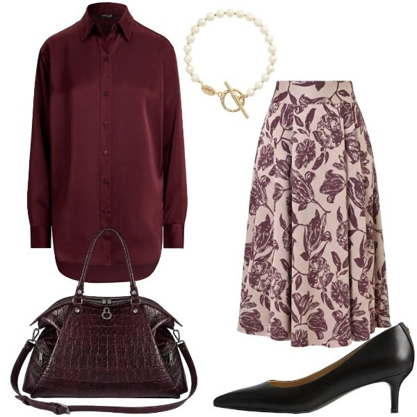 Outfit donna - In ufficio. Stile Chic per Ufficio. Abbinamento con gonne longuette, shopping bag, braccialetti, décolleté, camicie.