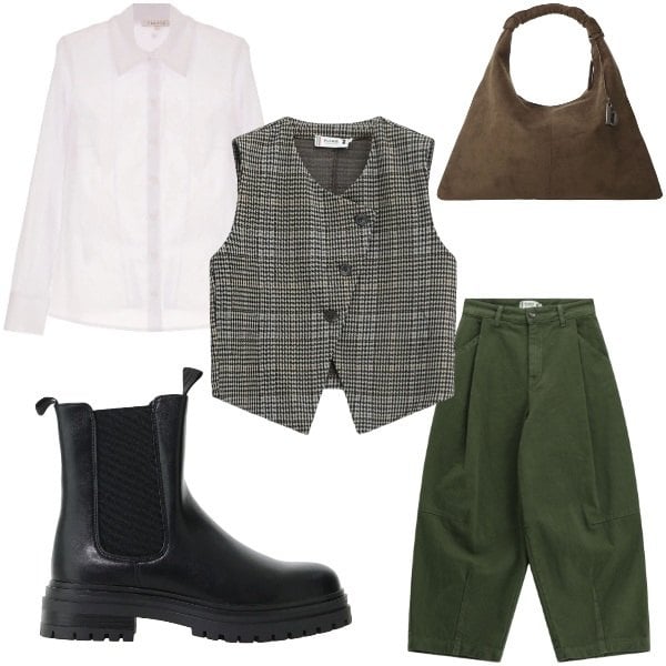 Outfit donna - Trendy. Stile Mannish per Ufficio. Abbinamento con stivaletti chelsea, gilet, pantaloni, camicie, borse a spalla.