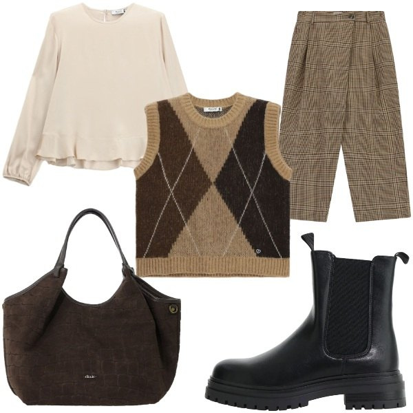 Outfit donna - British. Stile Mannish per Ufficio. Abbinamento con stivaletti chelsea, bluse, maglieria, pantaloni, borse a spalla.