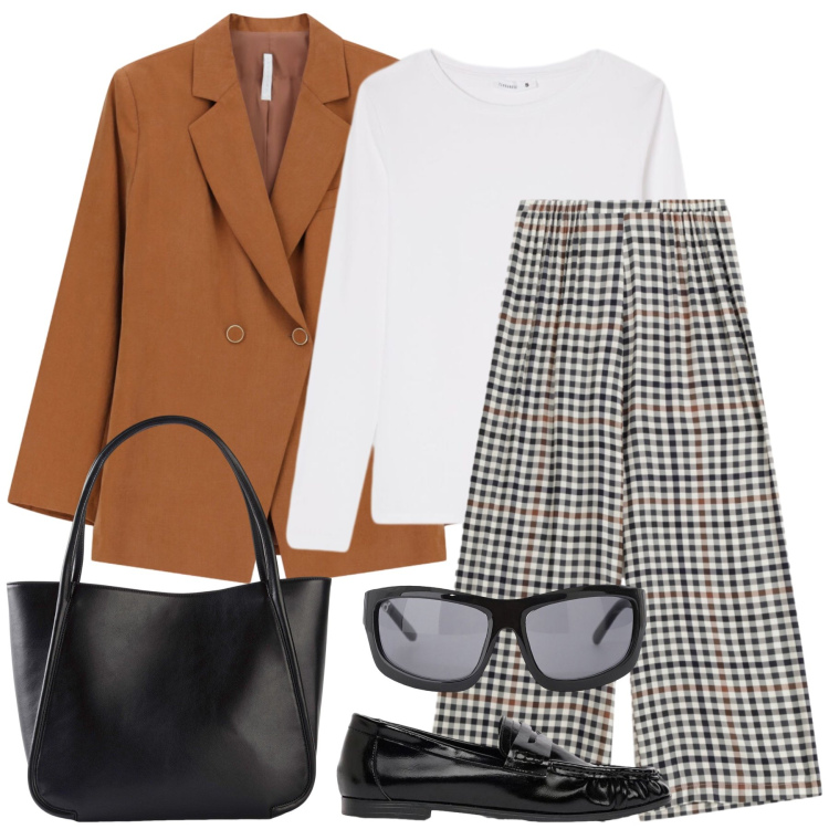 Outfit donna - Total look #2477046. Stile Casual chic per Ufficio. Abbinamento con shopping bag, mocassini, t-shirt, occhiali da sole, blazer, pantaloni a palazzo.