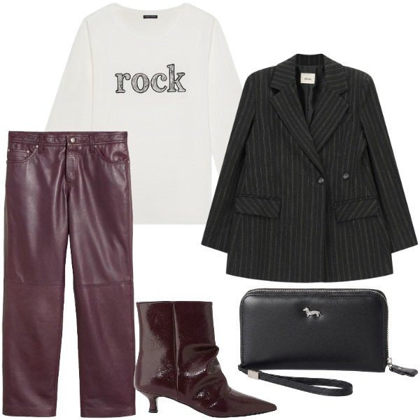 Outfit donna - Anima Rock. Stile Rock per Serata fuori. Abbinamento con pantaloni, portafogli, stivaletti, blazer, t-shirt.