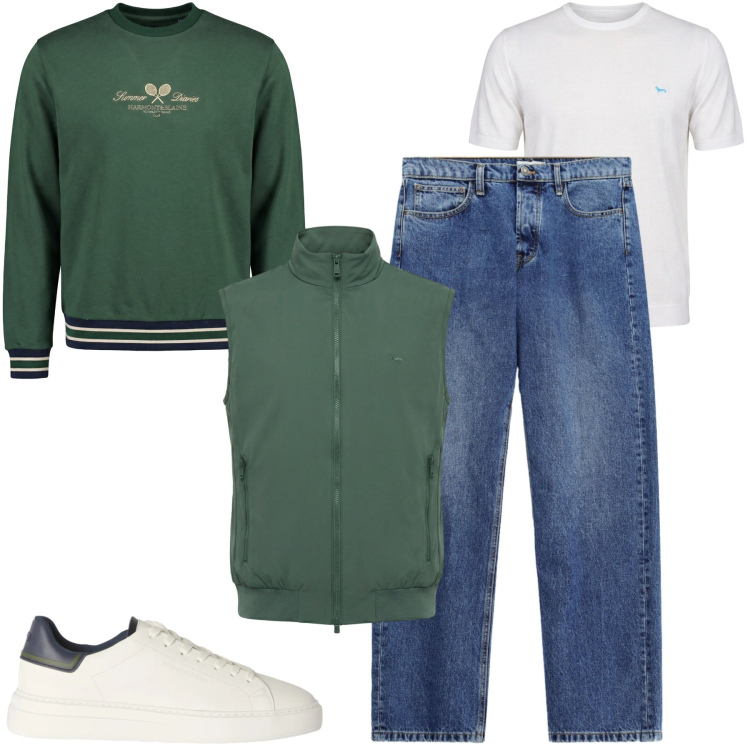 Outfit uomo - Stile college. Stile Casual per Tutti i giorni. Abbinamento con sneakers, felpe, gilet, t-shirt, jeans.
