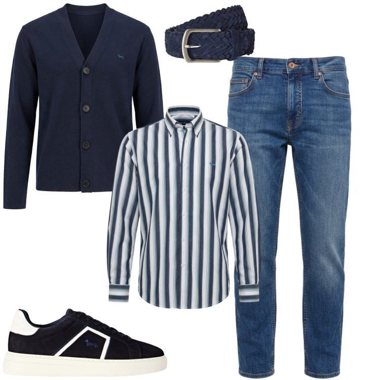 Outfit uomo - City. Stile Casual per Tutti i giorni. Abbinamento con sneakers, jeans, cinture, cardigans, camicie.