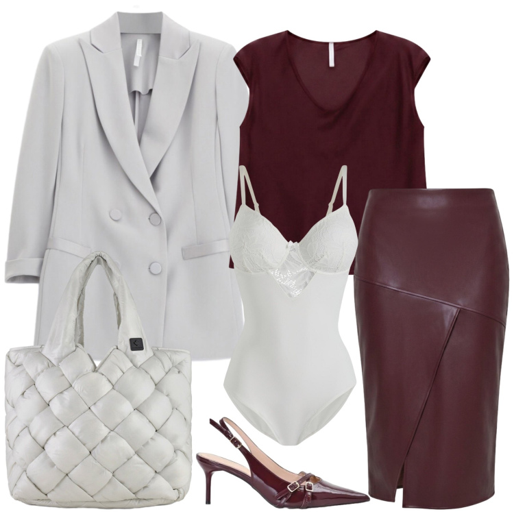 Outfit donna - Total look #2477056. Stile Chic per Ufficio. Abbinamento con body, t-shirt, blazer, gonne longuette, décolleté, borse tote.