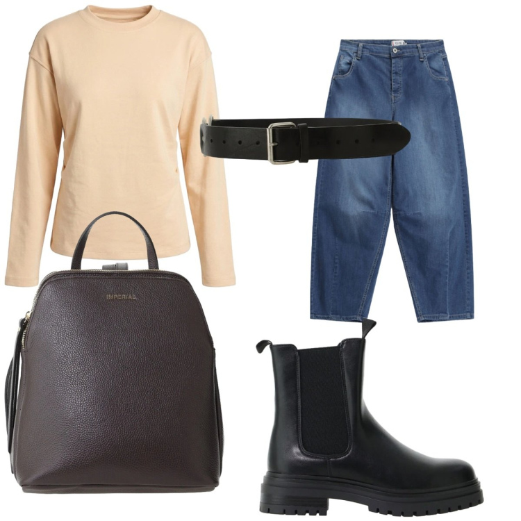 Outfit donna - Please FW26. Stile Casual per Tutti i giorni. Abbinamento con stivaletti chelsea, zaini, jeans, felpe, cinture.