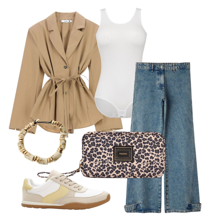Outfit donna - Settembre. Stile Casual per Tutti i giorni. Abbinamento con sneakers, body, jeans, braccialetti, blazer, valigie.