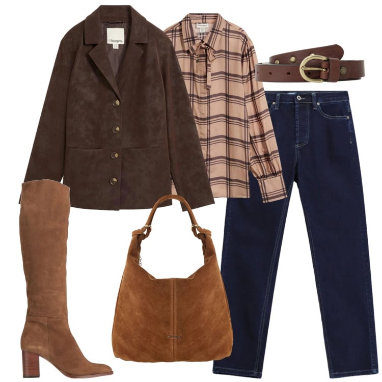 Outfit donna - Blu e cognac. Stile Casual chic per Tutti i giorni. Abbinamento con stivali, blazer, camicie, borse a spalla, jeans slim fit, cinture.